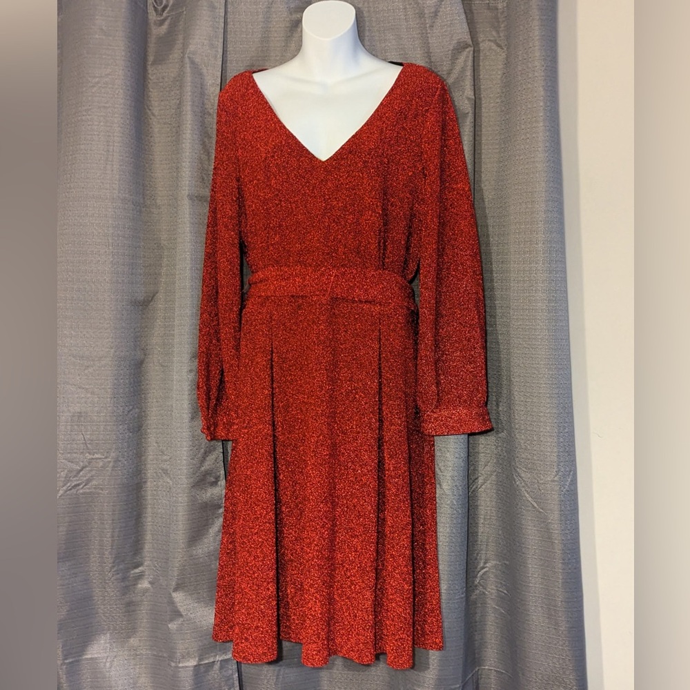 Women’s Calvin Klein Red Sparkle Scarlet Textured Dress with Tie